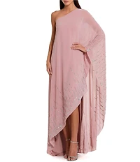 Mac Duggal One Shoulder Georgette Beaded Trim Kaftan Gown