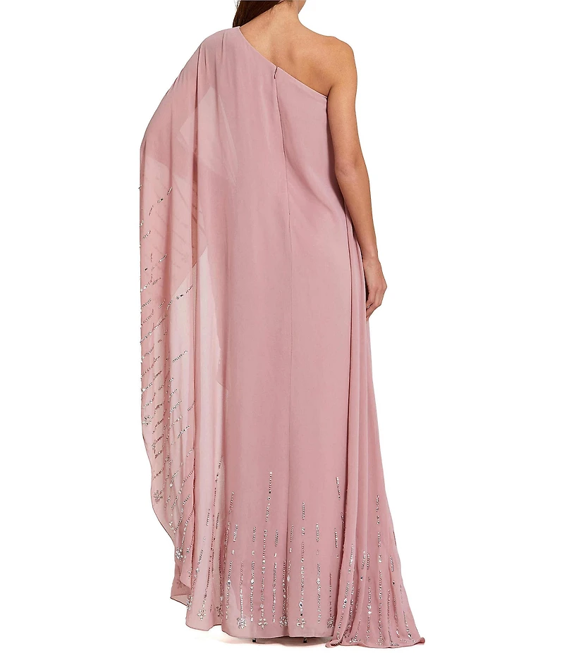 Mac Duggal One Shoulder Georgette Beaded Trim Kaftan Gown