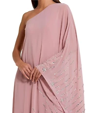 Mac Duggal One Shoulder Georgette Beaded Trim Kaftan Gown