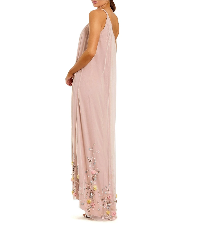 Mac Duggal One Shoulder High Low Beaded Mesh Trapeze Gown