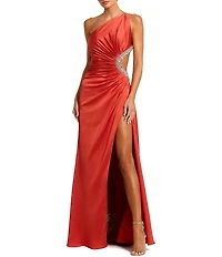 Mac Duggal One Shoulder Jewel Embellished Side Cut Out Satin Gown