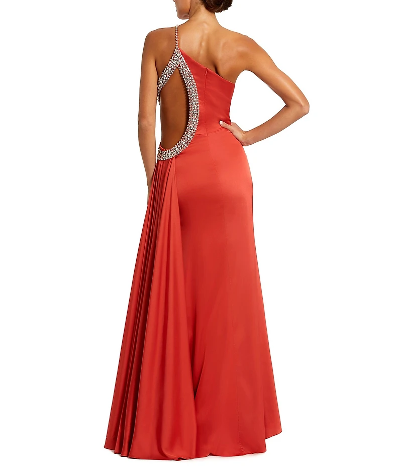 Mac Duggal One Shoulder Jewel Embellished Side Cut Out Satin Gown
