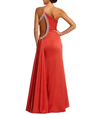 Mac Duggal One Shoulder Jewel Embellished Side Cut Out Satin Gown