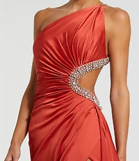 Mac Duggal One Shoulder Jewel Embellished Side Cut Out Satin Gown