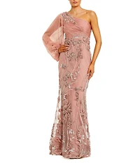 Mac Duggal One Shoulder Long Illusion Balloon Sleeve Embroidered Mesh Long Dress
