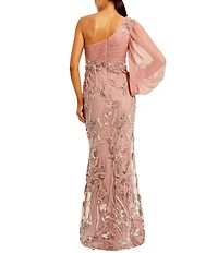 Mac Duggal One Shoulder Long Illusion Balloon Sleeve Embroidered Mesh Long Dress