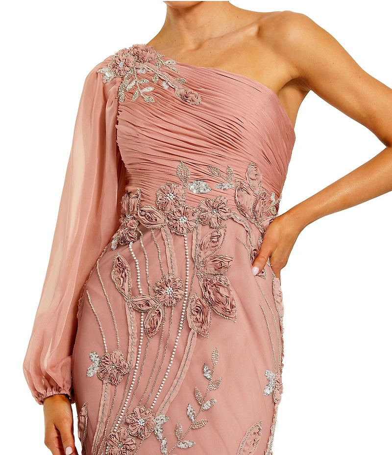 Mac Duggal One Shoulder Long Illusion Balloon Sleeve Embroidered Mesh Long Dress