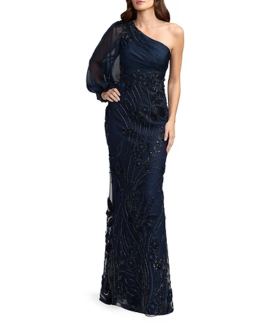 Mac Duggal One Shoulder Long Illusion Balloon Sleeve Embroidered Mesh Long Dress