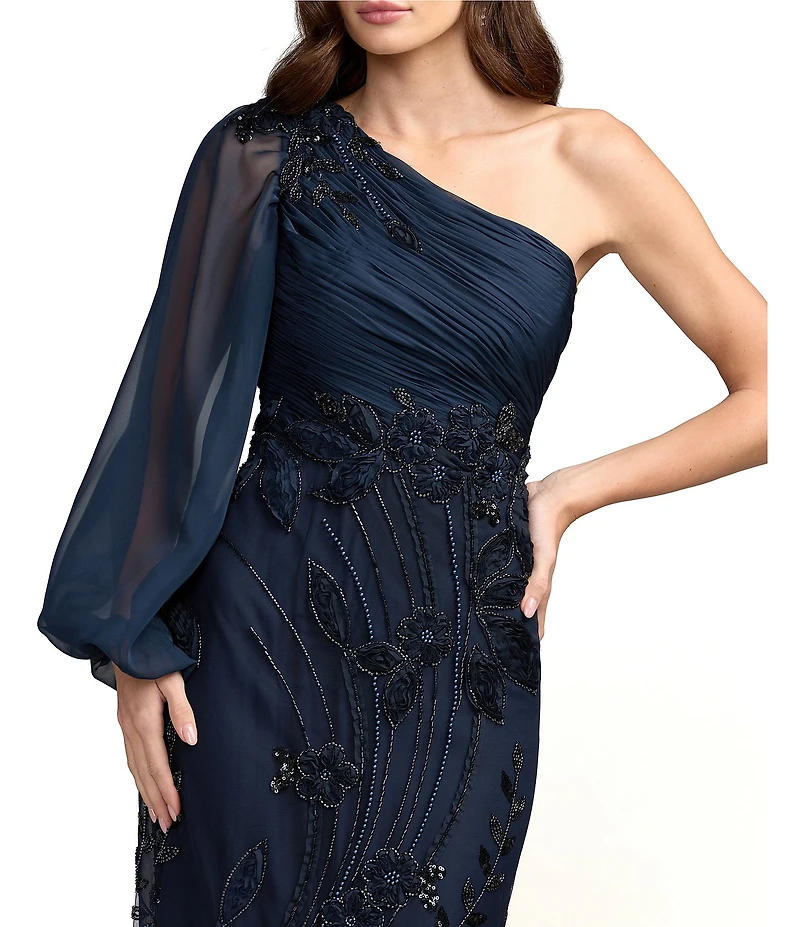 Mac Duggal One Shoulder Long Illusion Balloon Sleeve Embroidered Mesh Long Dress