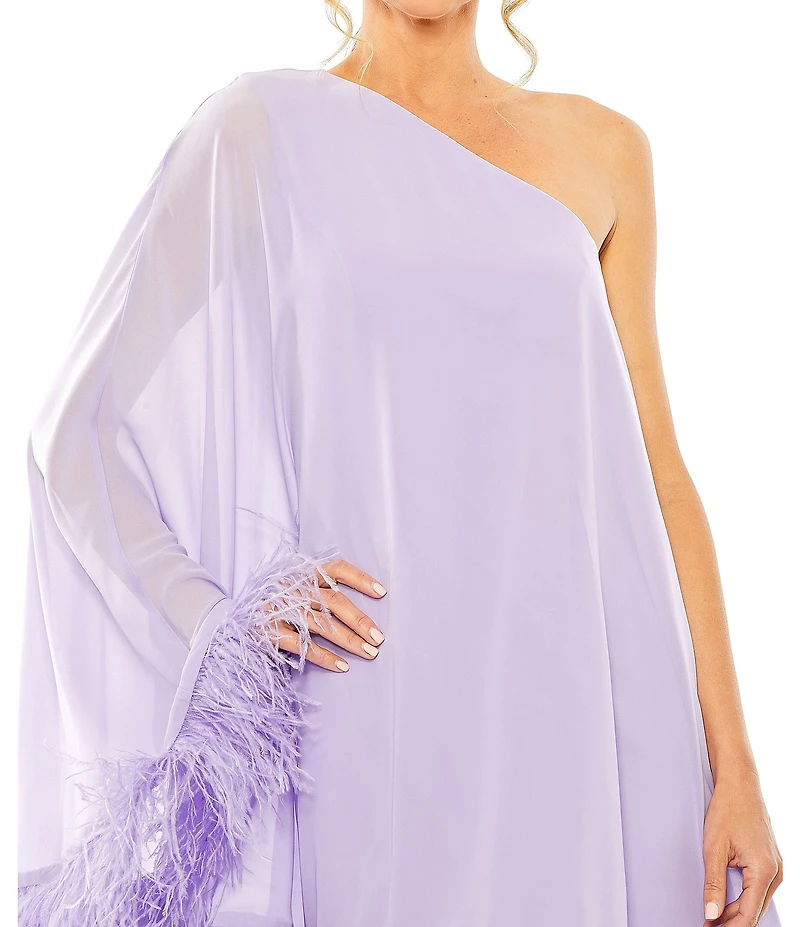 Mac Duggal One Shoulder Long Sleeve Feather Trim Shift Dress
