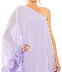 Mac Duggal One Shoulder Long Sleeve Feather Trim Shift Dress