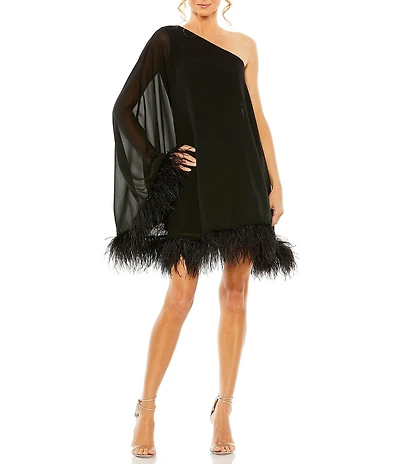 Mac Duggal One Shoulder Long Sleeve Feather Trim Shift Dress