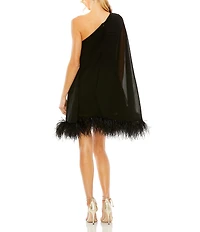 Mac Duggal One Shoulder Long Sleeve Feather Trim Shift Dress