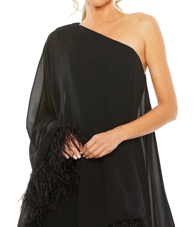 Mac Duggal One Shoulder Long Sleeve Feather Trim Shift Dress