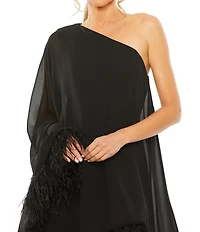 Mac Duggal One Shoulder Long Sleeve Feather Trim Shift Dress