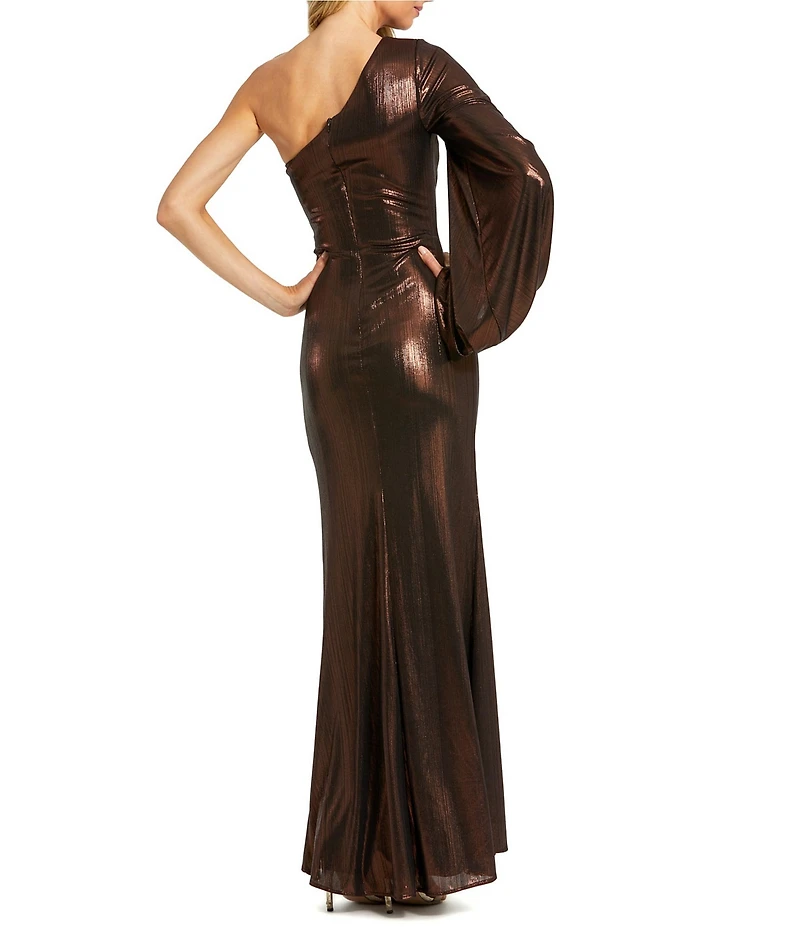 Mac Duggal One Shoulder Long Sleeve Gathered Metallic Knit Gown