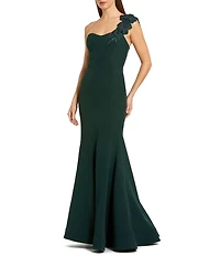 Mac Duggal One Shoulder Mermaid Gown with Floral Applique