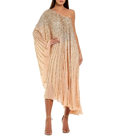 Mac Duggal One Shoulder Mesh Sequin Ankle Dress