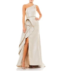 Mac Duggal One Shoulder Metallic Ruffled Evening Gown