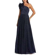 Mac Duggal One Shoulder Pleated Metallic Gown With Ruffle