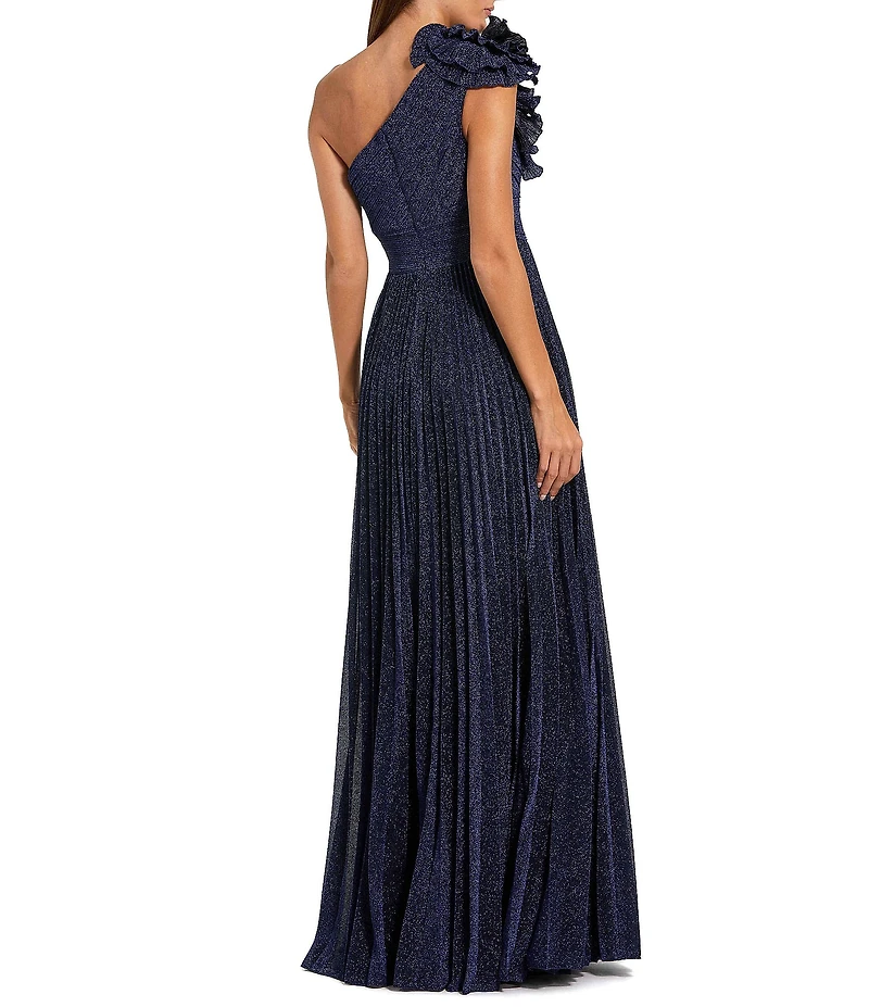 Mac Duggal One Shoulder Pleated Metallic Gown With Ruffle