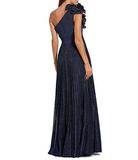 Mac Duggal One Shoulder Pleated Metallic Gown With Ruffle