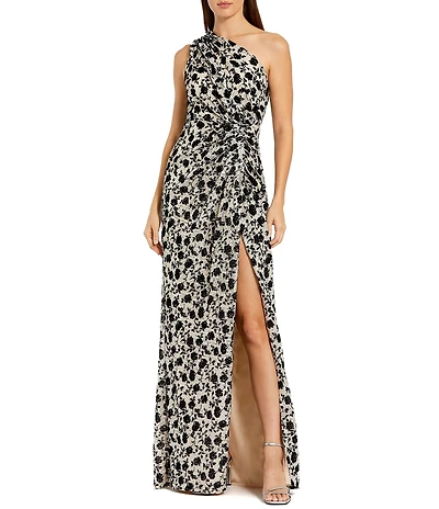 Mac Duggal One Shoulder Printed Sequin Side Slit Gown