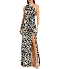 Mac Duggal One Shoulder Printed Sequin Side Slit Gown