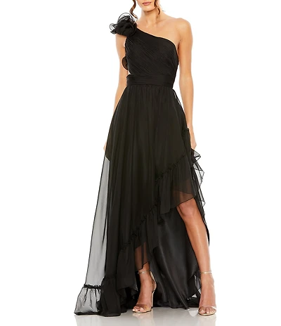 Mac Duggal One Shoulder Ruffle Sleeveless Cut Out Asymmetrical Hem High-Low Gown