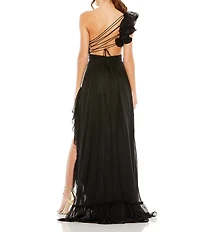 Mac Duggal One Shoulder Ruffle Sleeveless Cut Out Asymmetrical Hem High-Low Gown