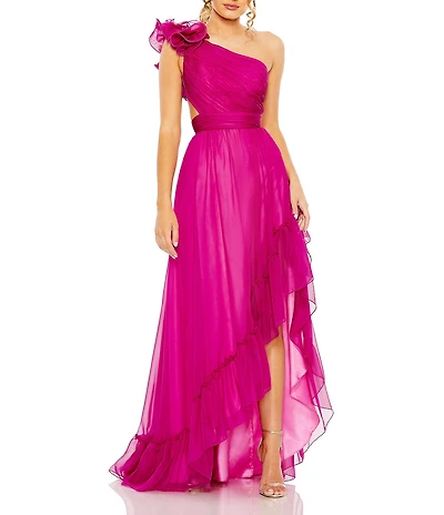 Mac Duggal One Shoulder Ruffle Sleeveless Cut Out Asymmetrical Hem High-Low Gown