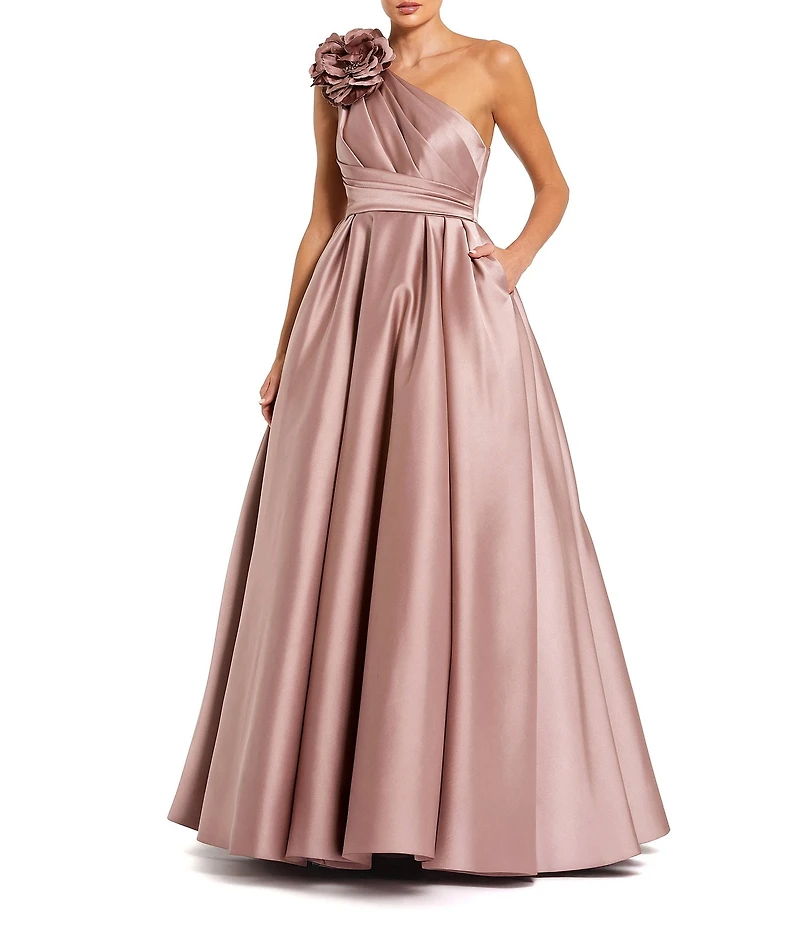 Mac Duggal One Shoulder Satin Gown With 3D Floral Applique