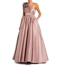 Mac Duggal One Shoulder Satin Gown With 3D Floral Applique