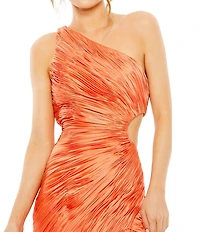 Mac Duggal One Shoulder Side Cut Out Shirred Chiffon Ruffle Front Sheath Gown