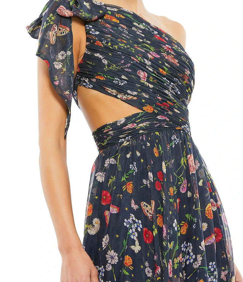 Mac Duggal One Shoulder Sie Cut Out Floral Print Chiffon Gown