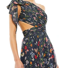 Mac Duggal One Shoulder Sie Cut Out Floral Print Chiffon Gown