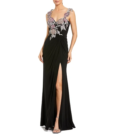 Mac Duggal One Shoulder With Beaded Flowers Jersey Gown