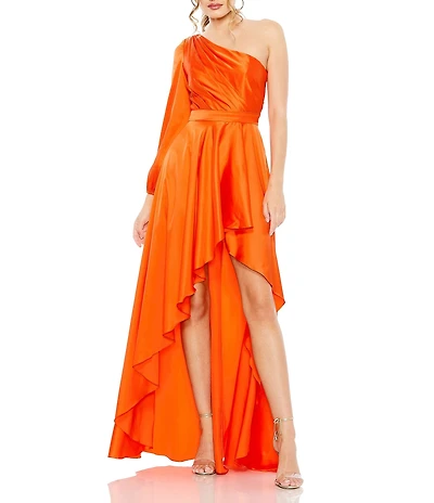 Mac Duggal One Sleeve Satin Ruffle Front Hi Low Dress