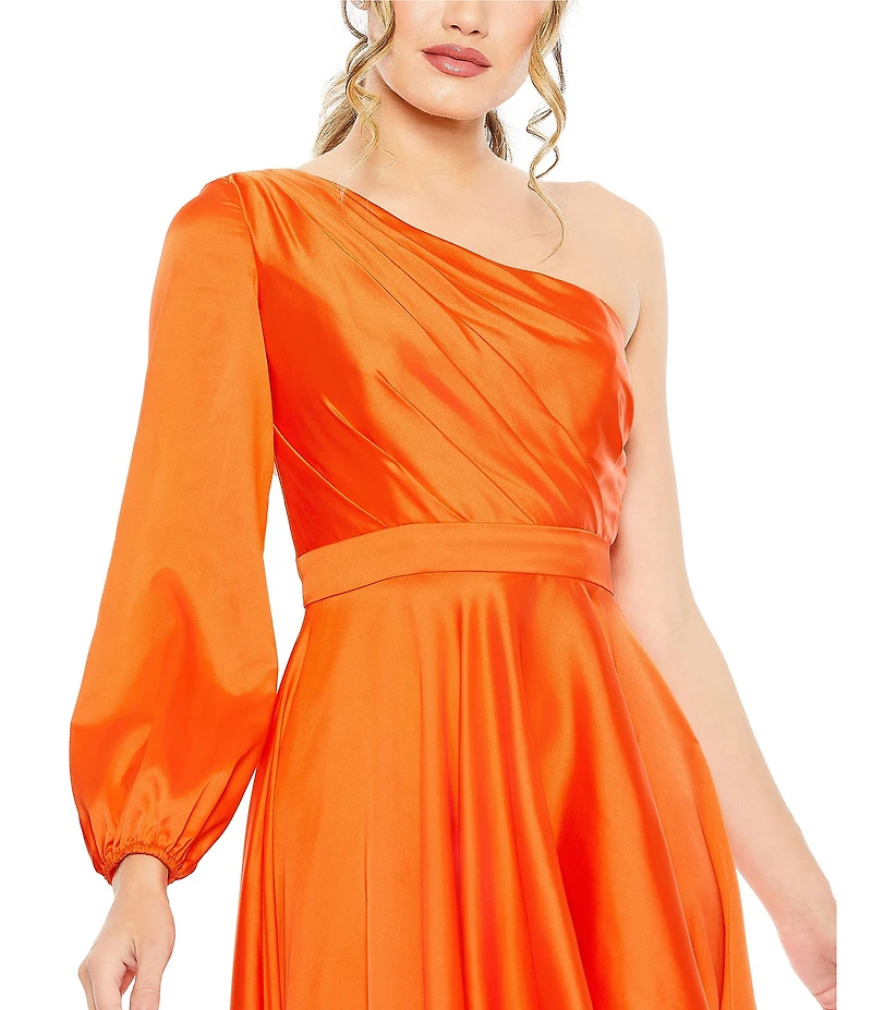 Mac Duggal One Sleeve Satin Ruffle Front Hi Low Dress