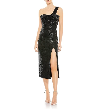 Mac Duggal One Shoulder Strap Sequined Bow Front Sheath Midi Dress
