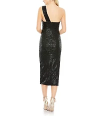 Mac Duggal One Shoulder Strap Sequined Bow Front Sheath Midi Dress
