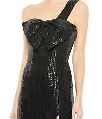 Mac Duggal One Shoulder Strap Sequined Bow Front Sheath Midi Dress