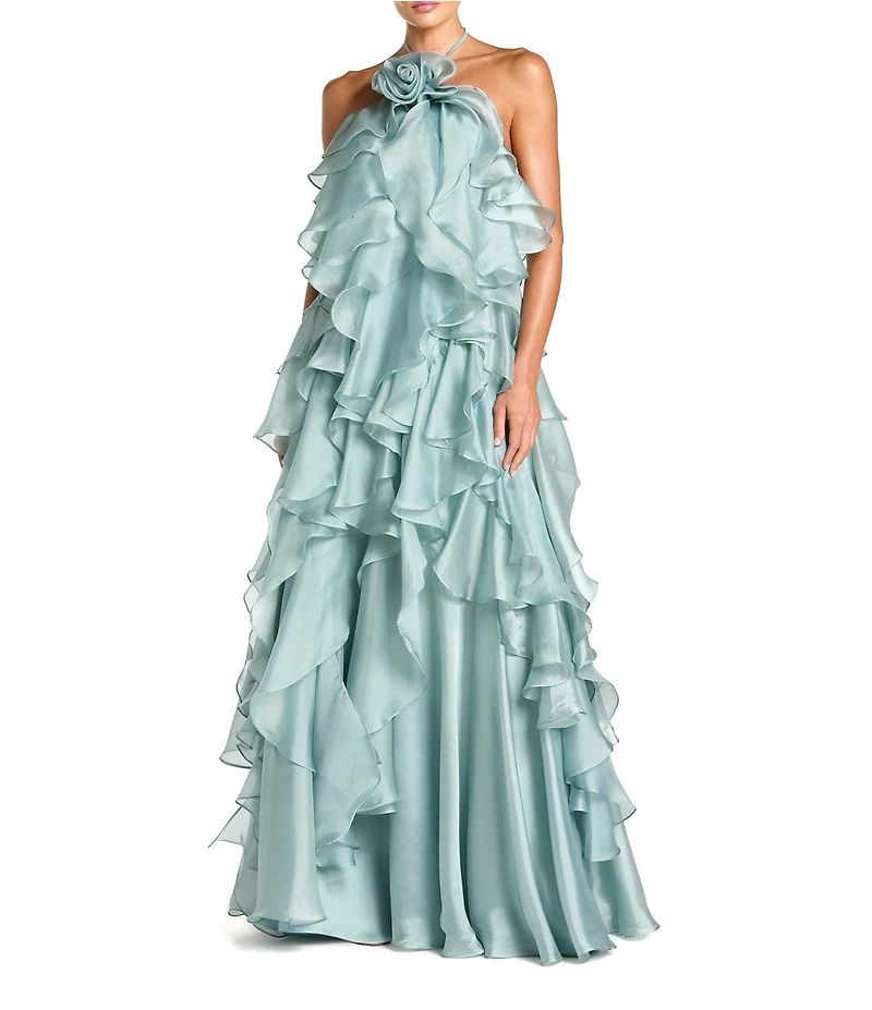 Mac Duggal Organza Halter Flower Applique Trapeze Ruffle Gown