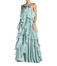 Mac Duggal Organza Halter Flower Applique Trapeze Ruffle Gown