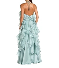 Mac Duggal Organza Halter Flower Applique Trapeze Ruffle Gown