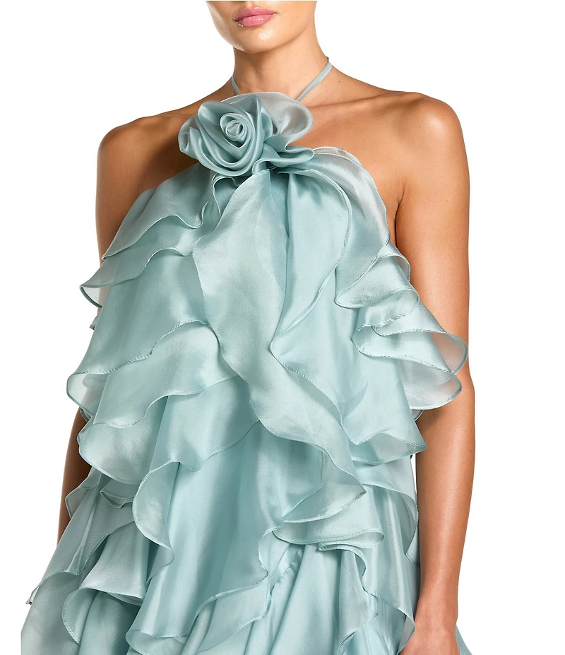 Mac Duggal Organza Halter Flower Applique Trapeze Ruffle Gown