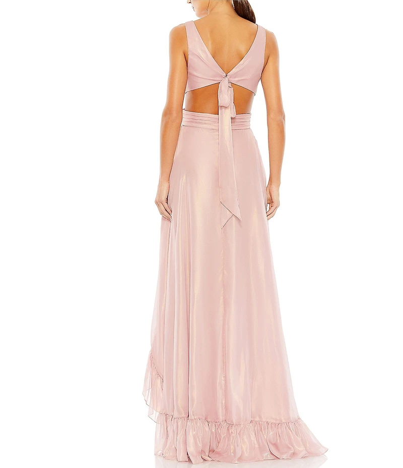 Mac Duggal Organza V-Neck Sleeveless Side Cutout Ruffle High Low Back Tie Long Gown