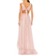 Mac Duggal Organza V-Neck Sleeveless Side Cutout Ruffle High Low Back Tie Long Gown