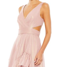 Mac Duggal Organza V-Neck Sleeveless Side Cutout Ruffle High Low Back Tie Long Gown