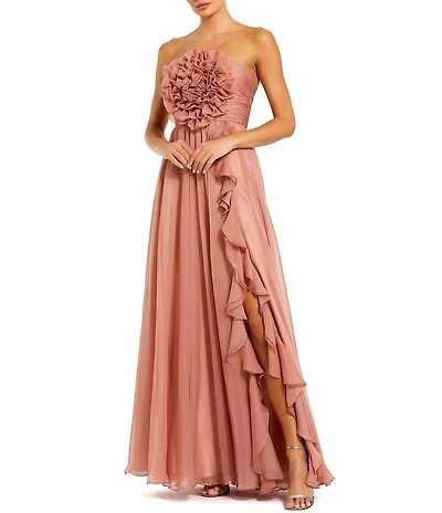 Mac Duggal Oversized 3D Flower Chiffon Strapless A-Line Gown